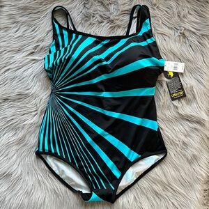 Longitude Blue and Black Geometric One Piece Swimsuit size 20 NWT